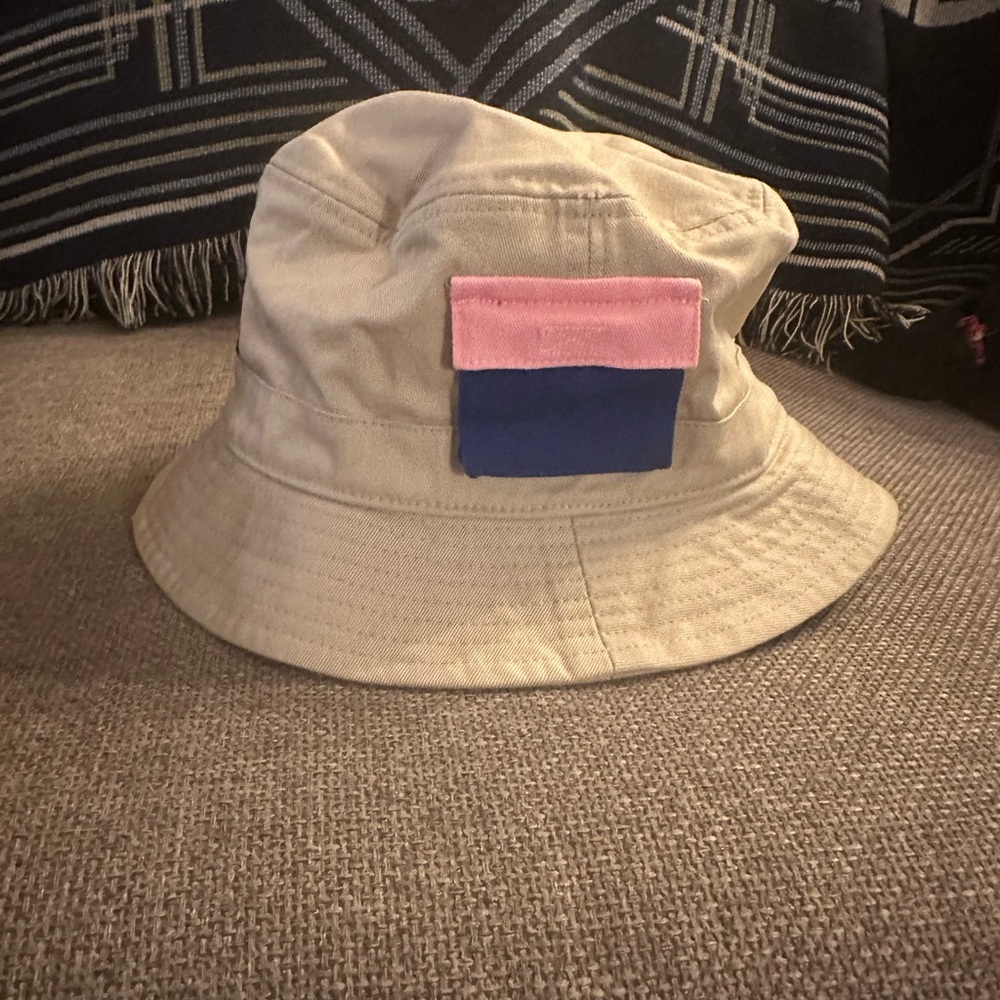 Dutch Bros  Bucket Hat with Pink and Blue Pocket.